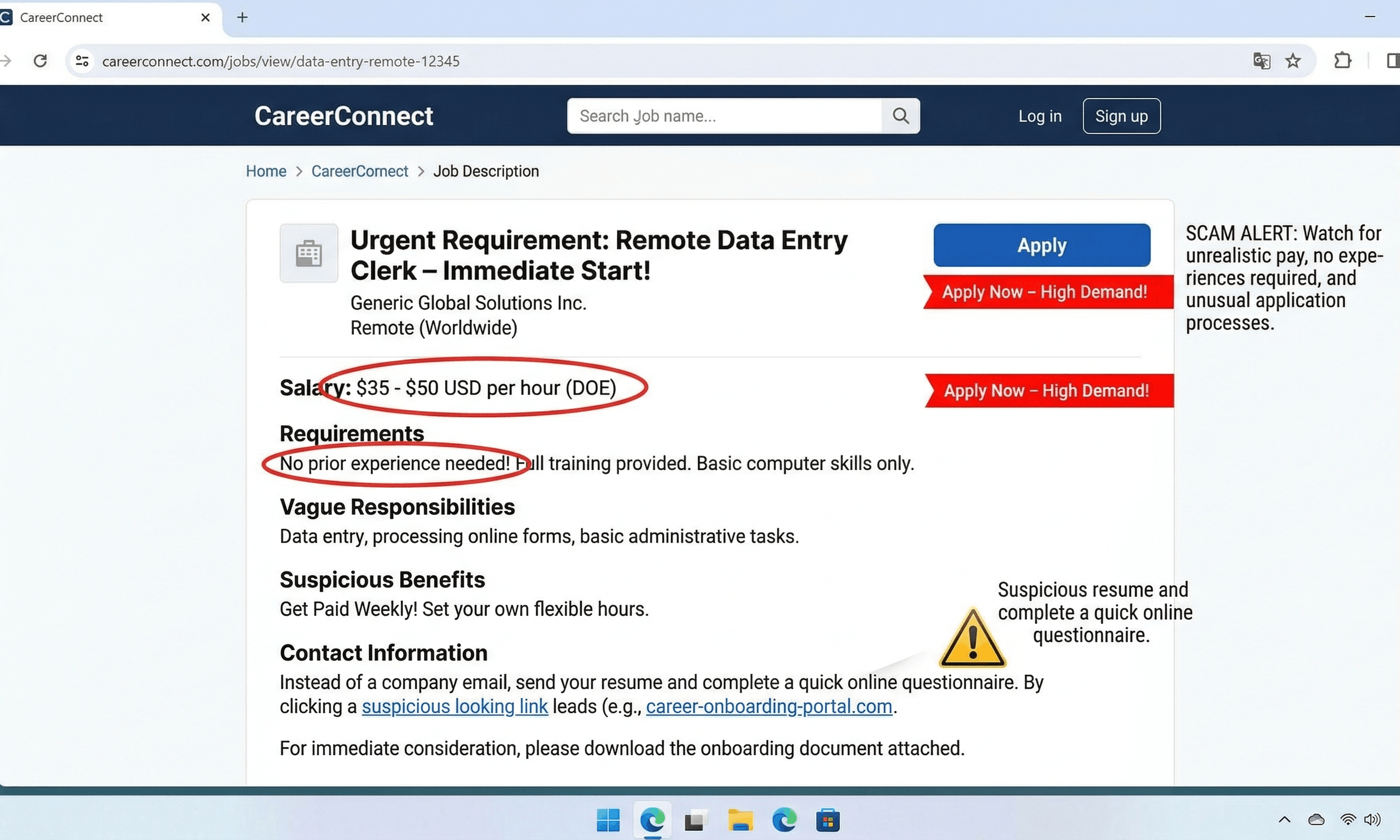 A deceptive job posting on a popular online job board