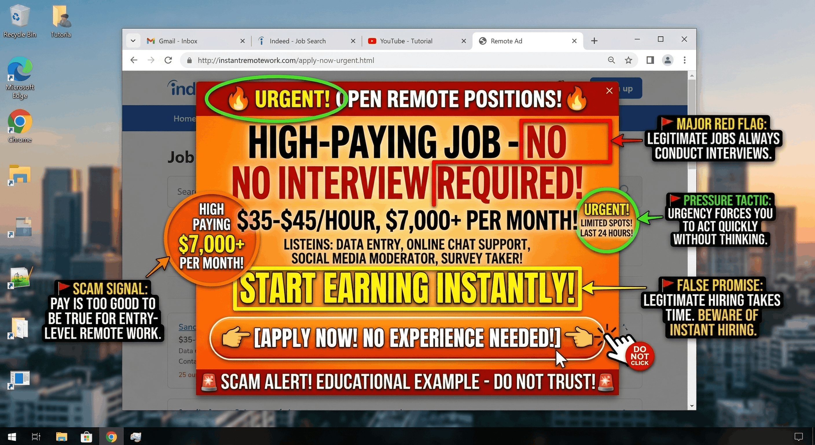 An urgent text message offering a high-paying remote job with no interview