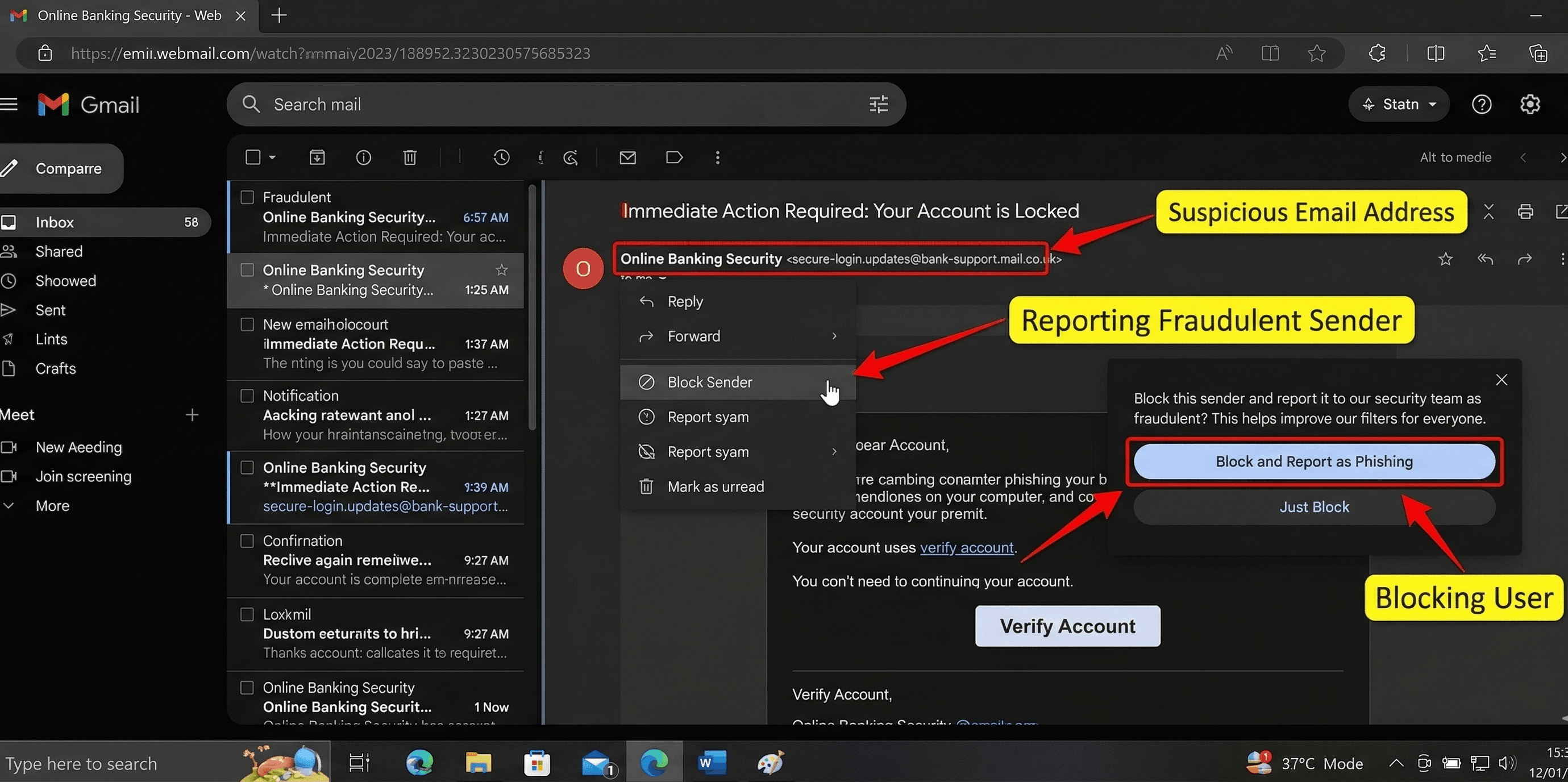 Reporting a fraudulent sender and blocking a suspicious email address