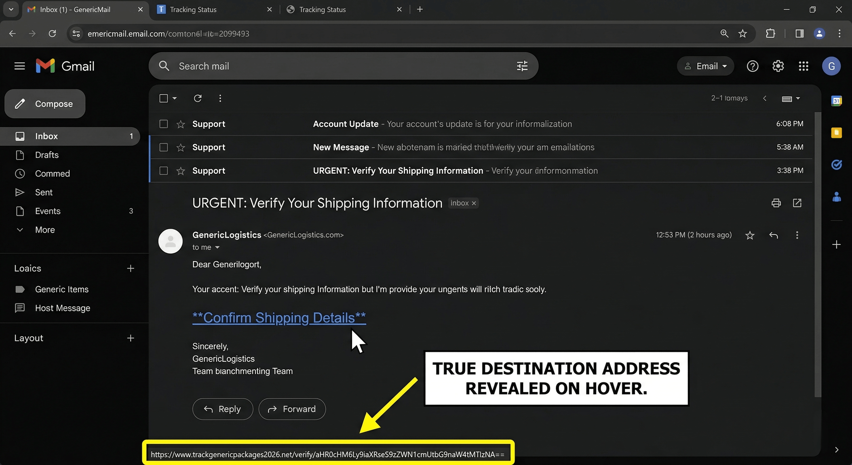 A mouse hovering over a link to reveal the true destination address