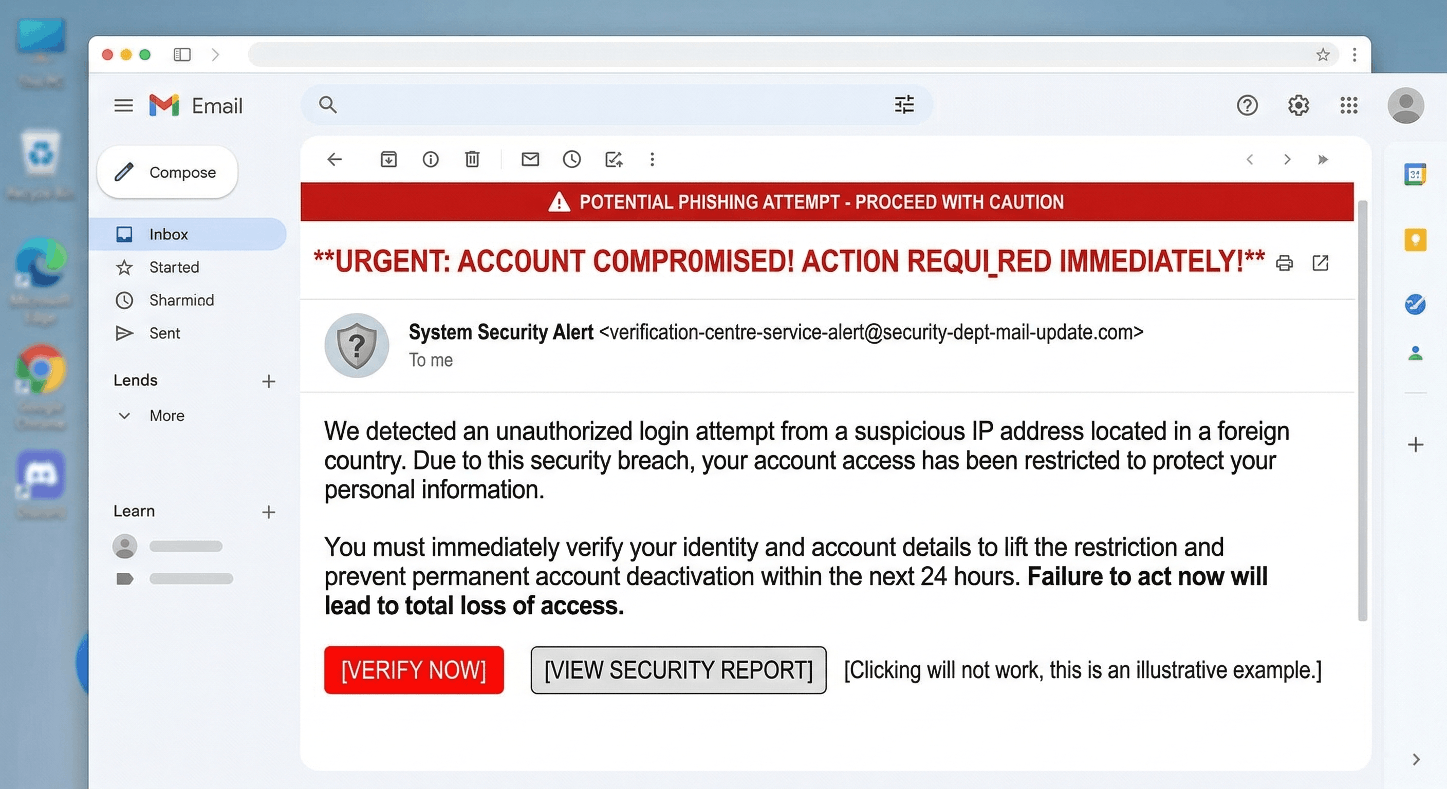 An email showing urgent language and a suspicious sender address