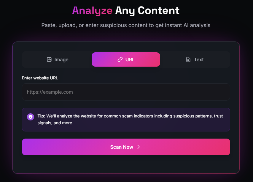 A scam-detection tool analyzing a suspicious link before you click